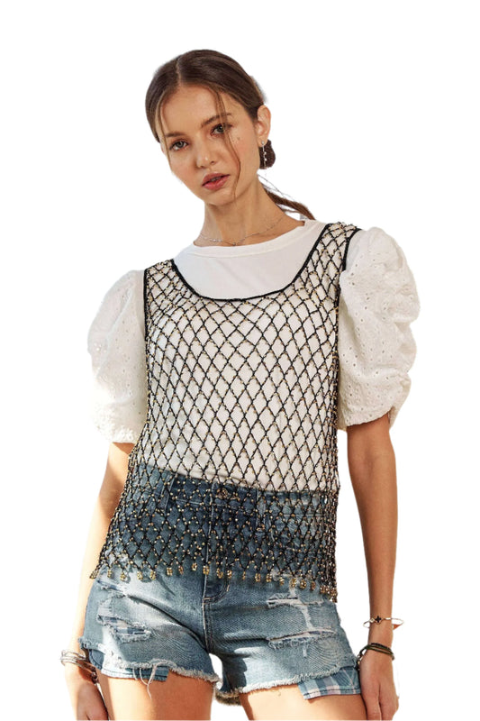 ADORA Beads Accent Fishnet Tank Top