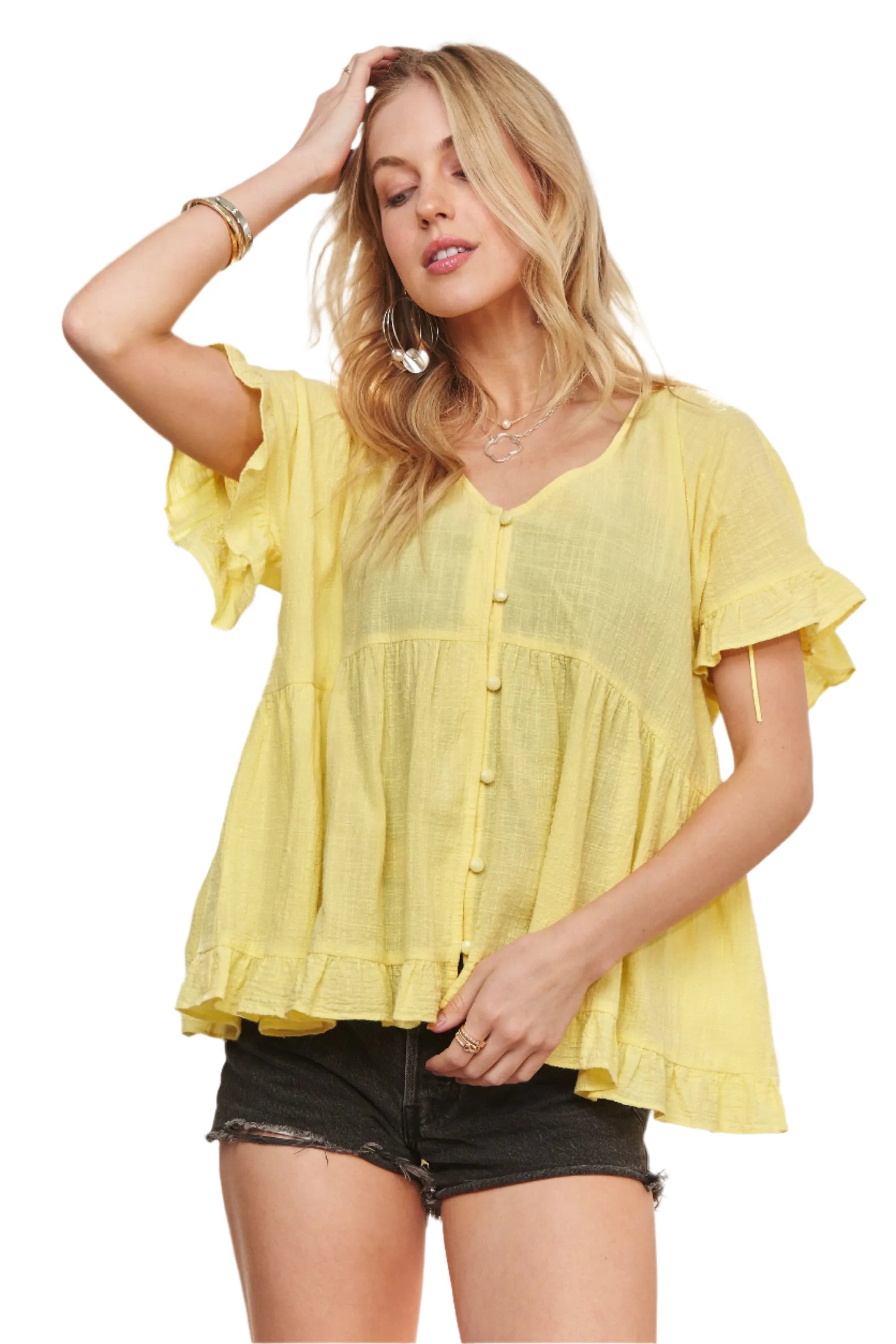 Button Down Ruffled Babydoll Blouse – Feminine & Flattering Style
