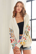 ADORA Contrast Crochet Open Front Long Sleeve Cardigan