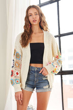 ADORA Contrast Crochet Open Front Long Sleeve Cardigan