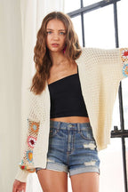 ADORA Contrast Crochet Open Front Long Sleeve Cardigan
