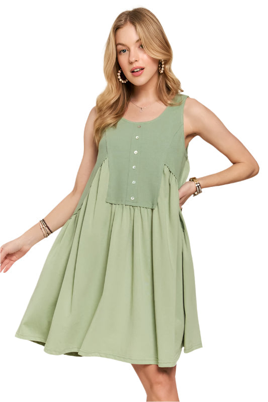 ADORA Decorative Button Sleeveless Babydoll Dress