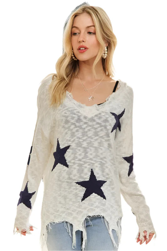Distressed Star Sweater Top – Edgy, Trendy & Casual Cool