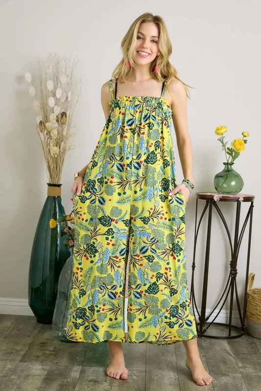 Elastic Detail Tropical Jumpsuit – Chic Summer One-Piece