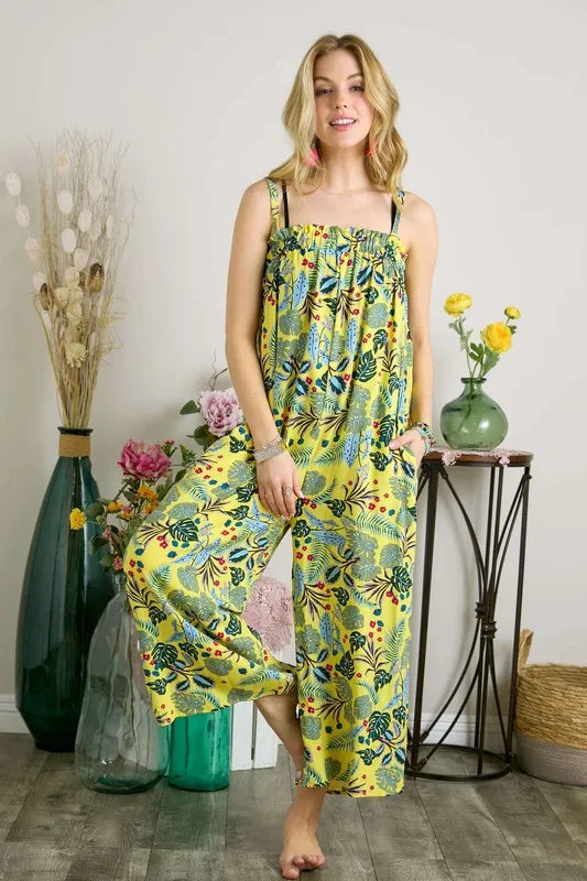 Elastic Detail Tropical Jumpsuit – Chic Summer One-Piece