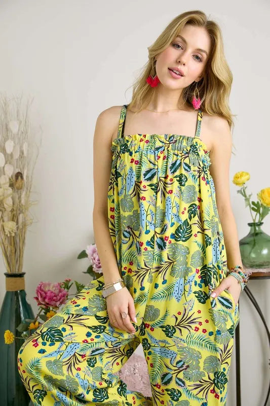 Elastic Detail Tropical Jumpsuit – Chic Summer One-Piece