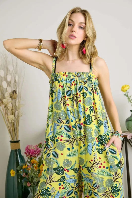 Elastic Detail Tropical Jumpsuit – Chic Summer One-Piece