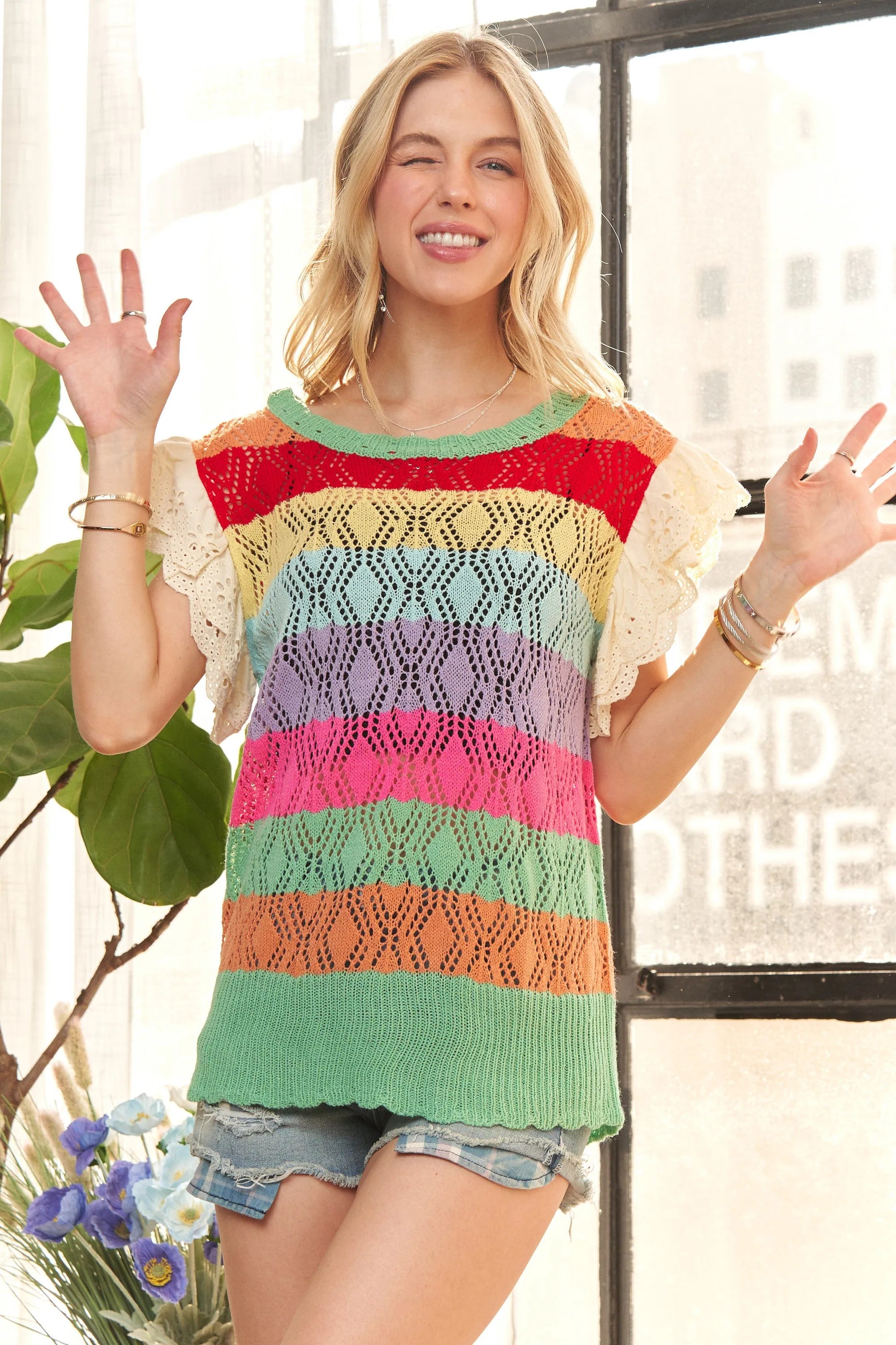 Crochet Top with Eyelet Sleeves – Colorful & Chic Statement Piece
