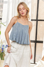 ADORA Front Pleated Washed Denim Crop Top
