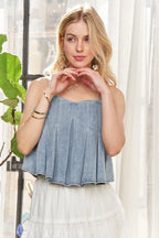 ADORA Front Pleated Washed Denim Crop Top