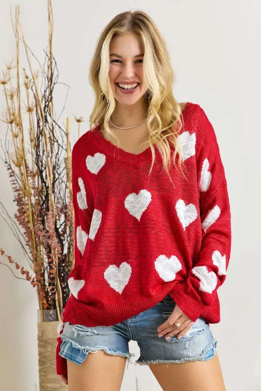 Heart Design V-Neck Knit Top – Sweet, Cozy & Love-Inspired Style