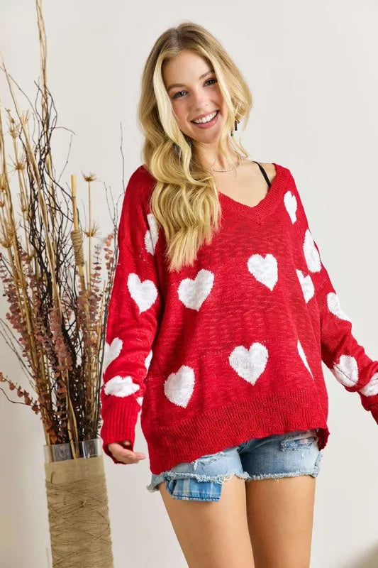 Heart Design V-Neck Knit Top – Sweet, Cozy & Love-Inspired Style