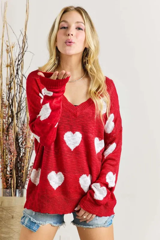 Heart Design V-Neck Knit Top – Sweet, Cozy & Love-Inspired Style