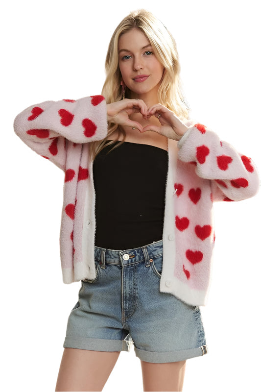 ADORA Fuzzy Heart Button Down Cardigan