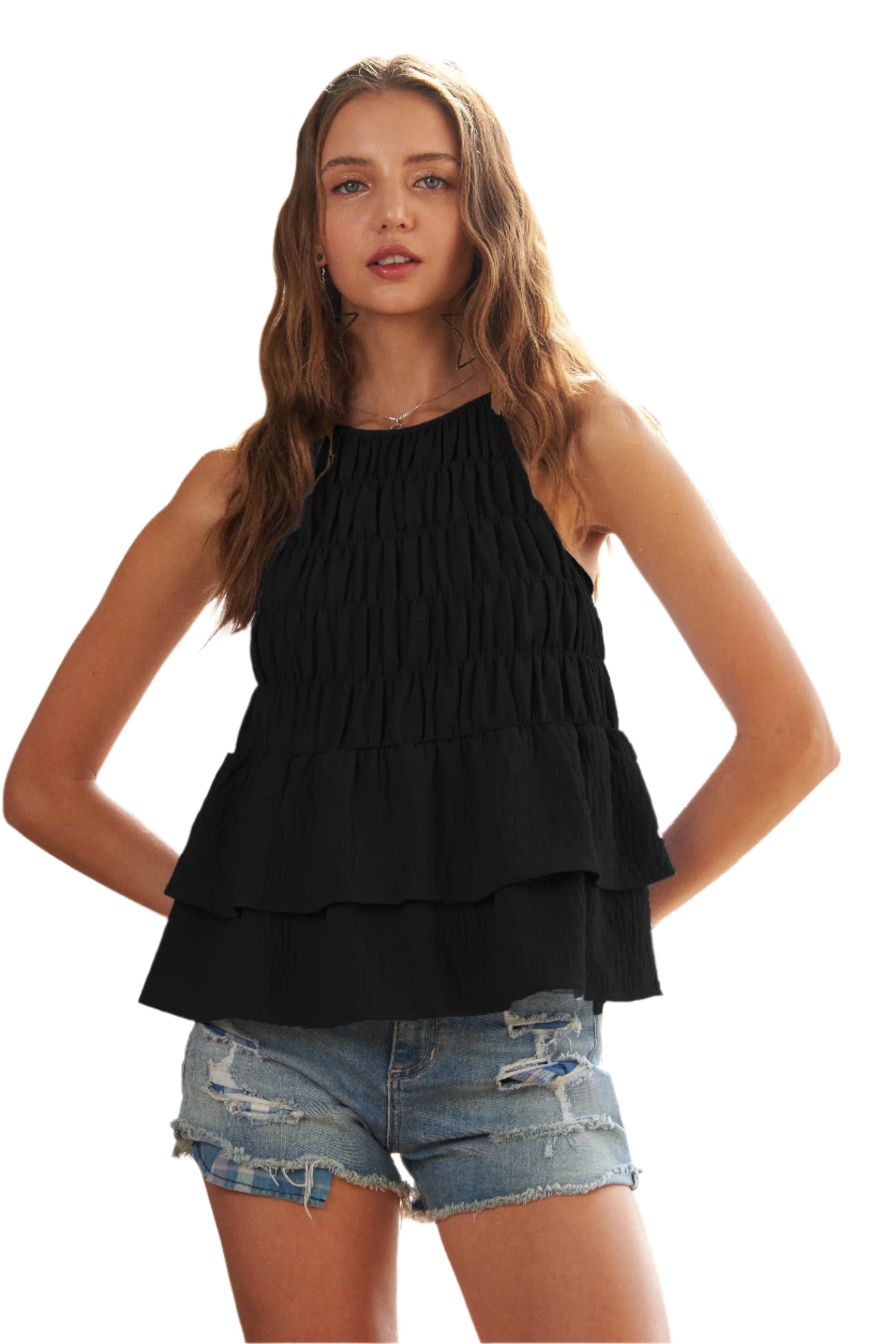 Halter Neck Smocked Tank Top with Layered Hem – Chic & Lightweight
