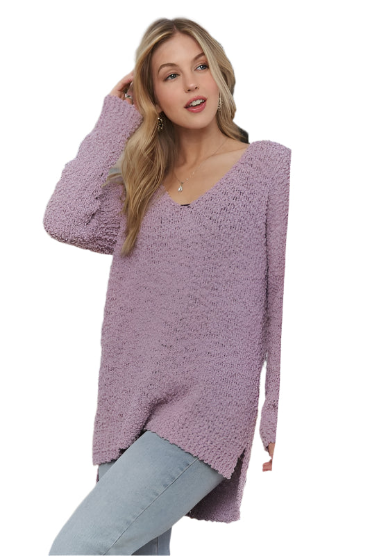 ADORA High-Low Side Slit V-Neck Sweater