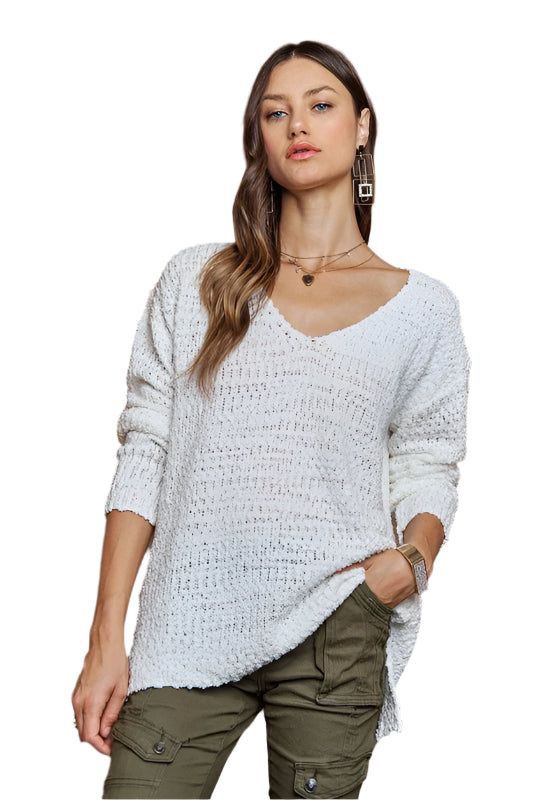 ADORA High-Low Side Slit V-Neck Sweater