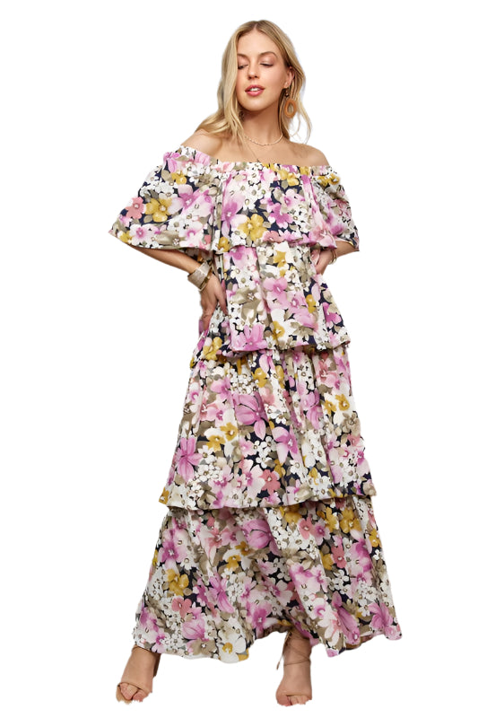 ADORA Layered Floral Off-Shoulder Short Sleeve Maxi Dress