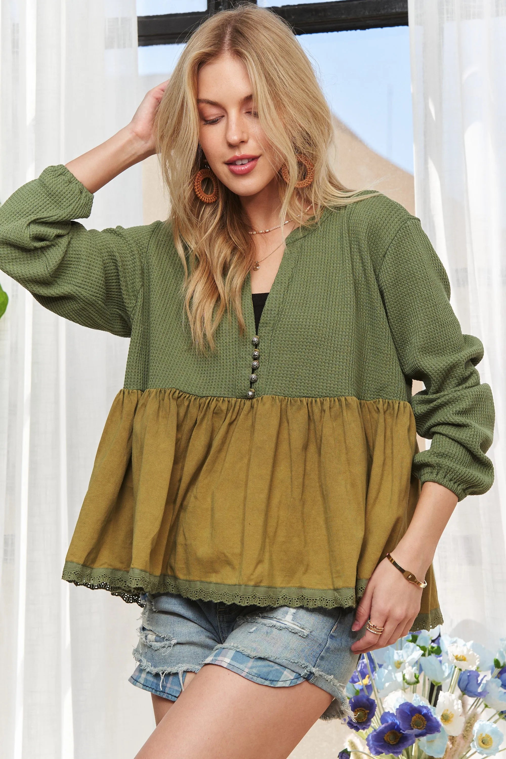 ADORA Mineral Washed Babydoll Tunic Top
