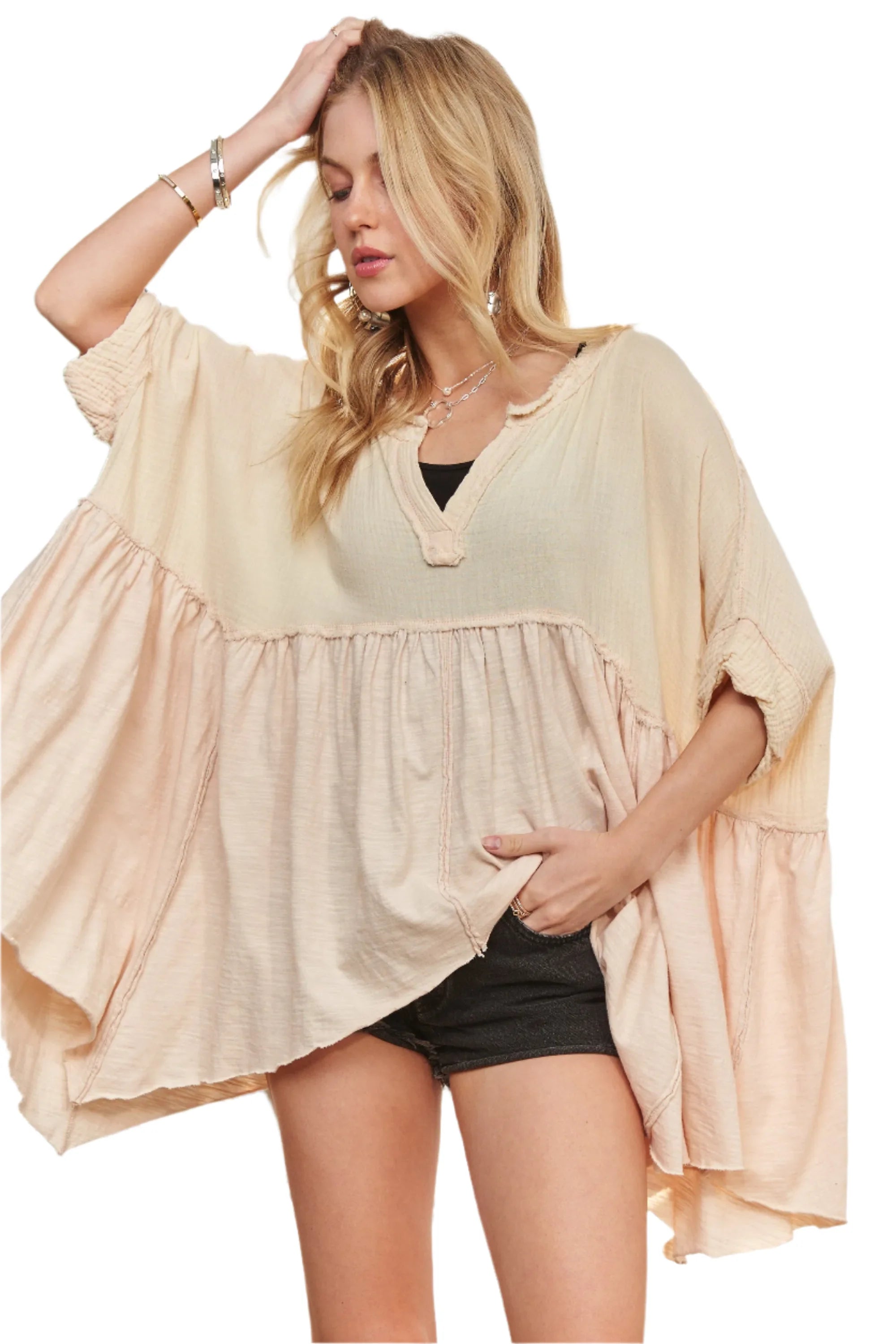 Oversized Mineral Washed Flare Top – Boho Chic with Vintage Vibes