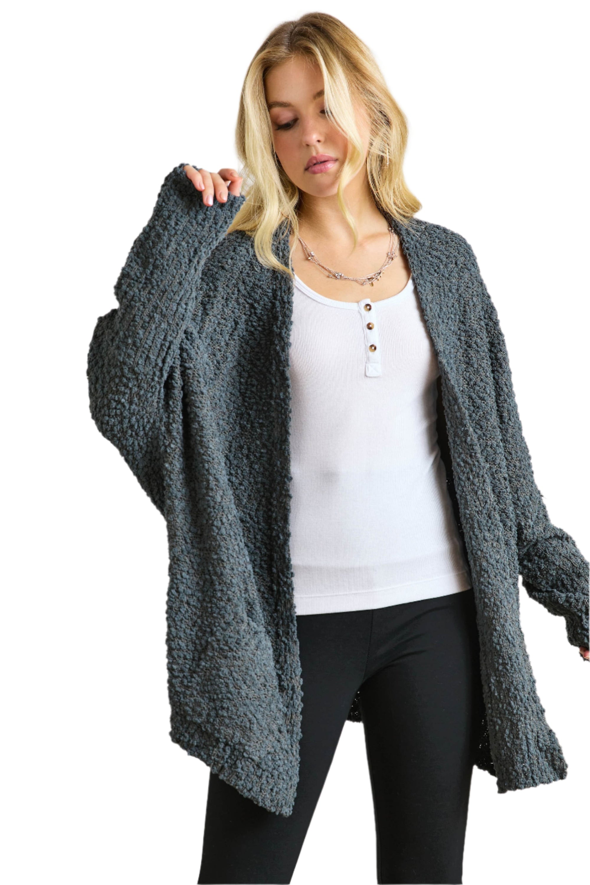 ADORA Popcorn Knit Open Front Long Sleeve Cardigan