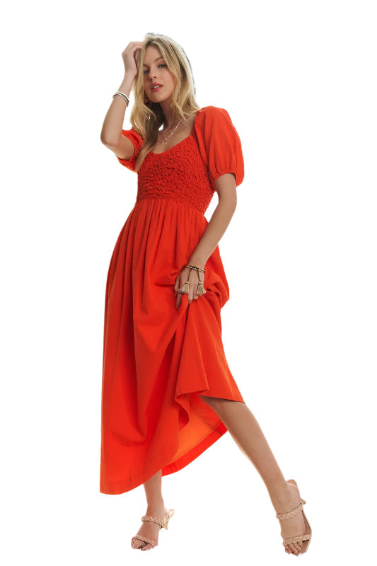 ADORA Popcorn Smocked Puff Sleeve Dress