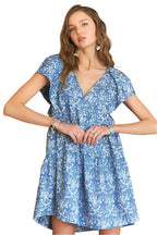 ADORA Printed V-Neck Ruffle Sleeve Mini Dress