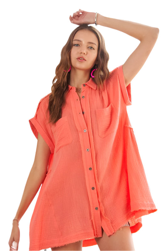 ADORA Raw Hem Collared Neck Button Down Shirt