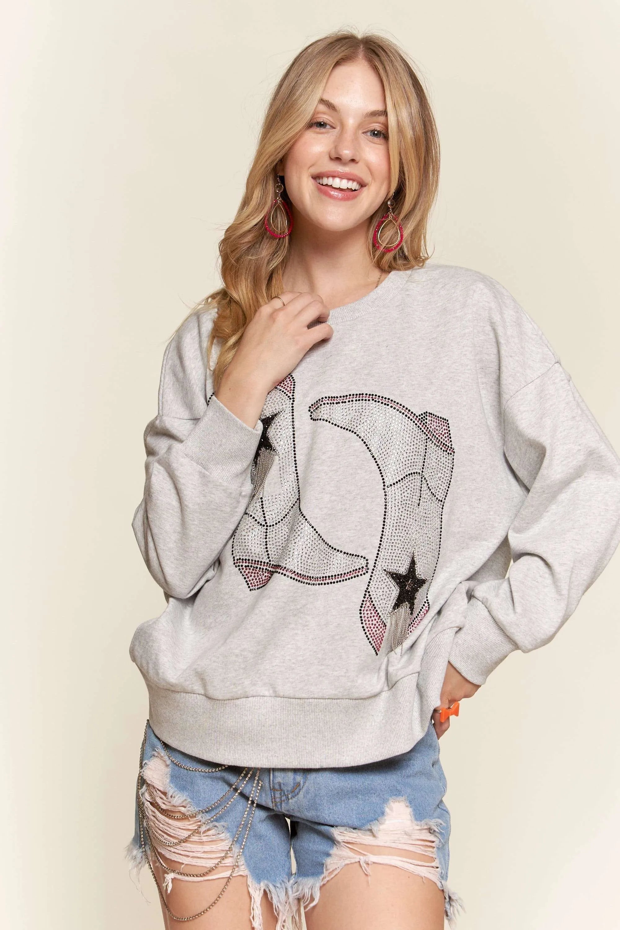Rhinestone Accent Casual Sweatshirt – Cozy Style with a Sparkle Touch