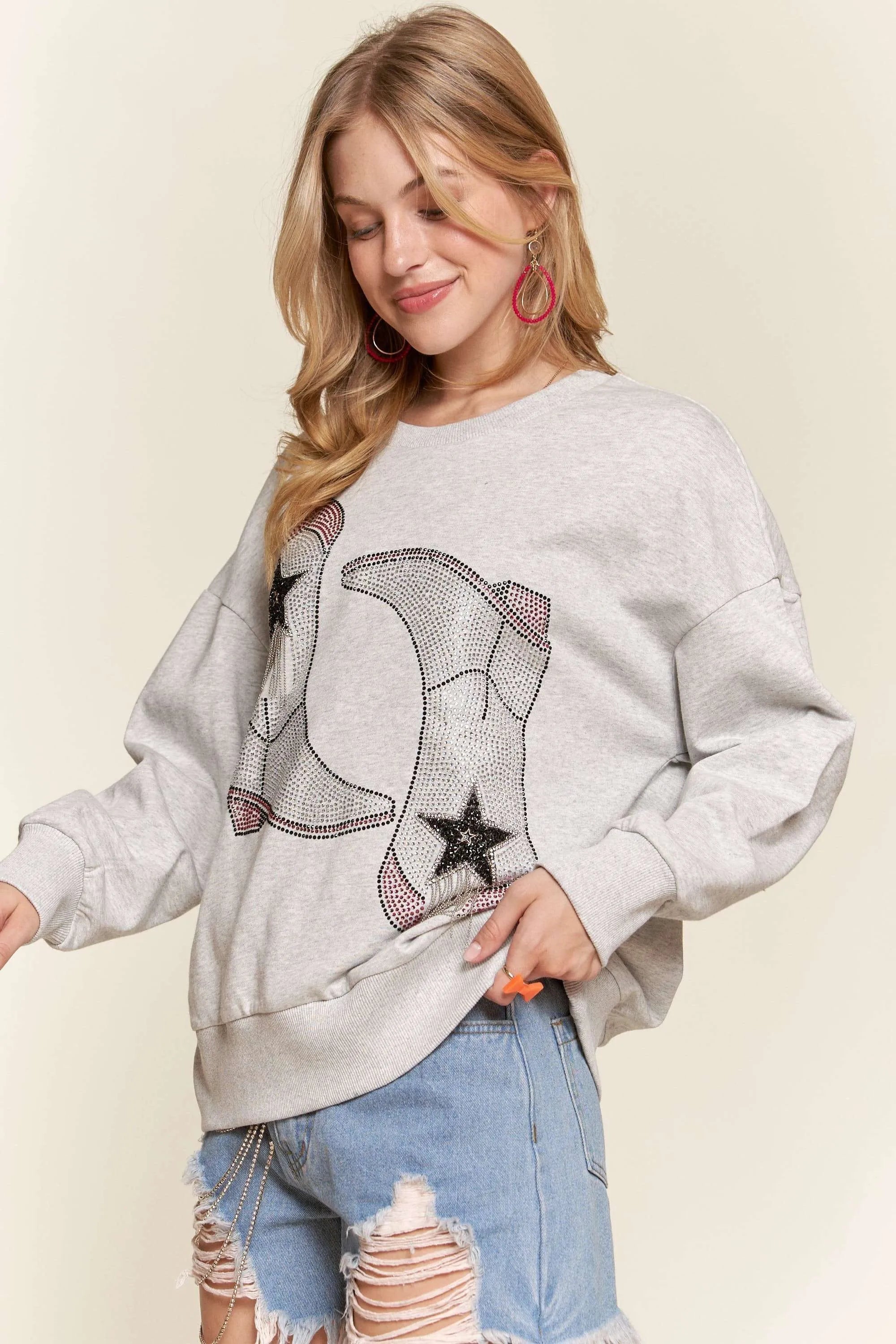 Rhinestone Accent Casual Sweatshirt – Cozy Style with a Sparkle Touch