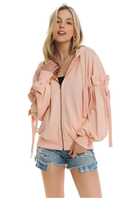 ADORA Ruffled Puff Sleeve Zip Up Hoodie