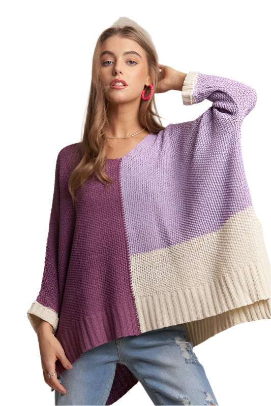 ADORA Side Slit Color Block Long Sleeve Sweater