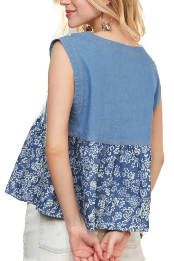 Sleeveless Denim Contrast Top – Edgy, Chic & Perfect for Layering