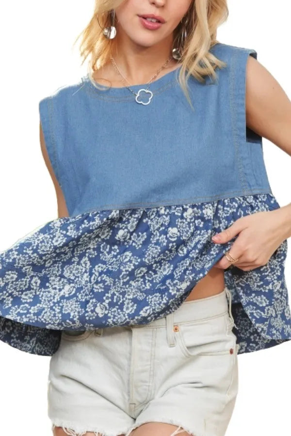 Sleeveless Denim Contrast Top – Edgy, Chic & Perfect for Layering