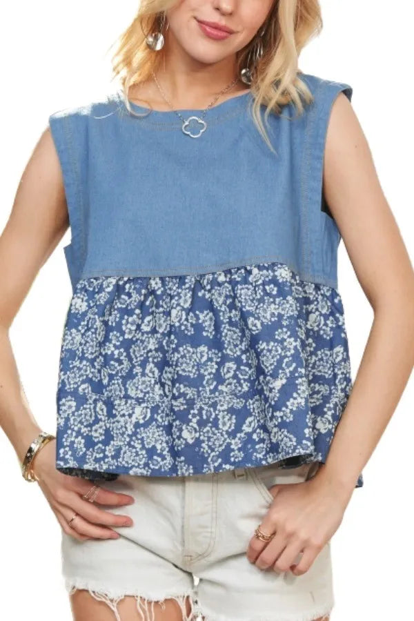 Sleeveless Denim Contrast Top – Edgy, Chic & Perfect for Layering