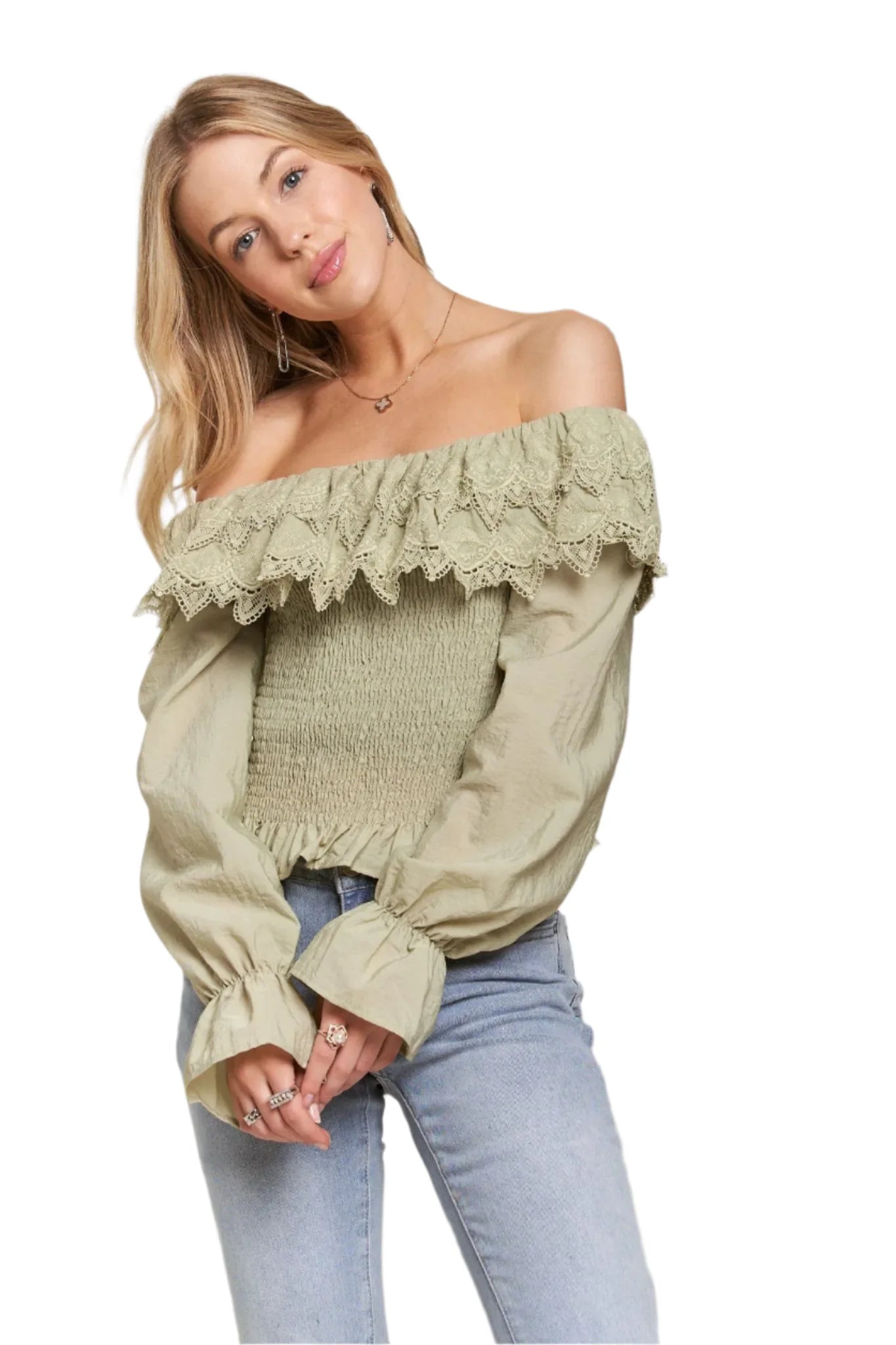 ADORA Smocking Blouse with Eyelet Lace Ruffle