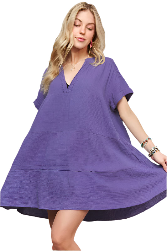 ADORA Tiered Notched Short Sleeve Dress