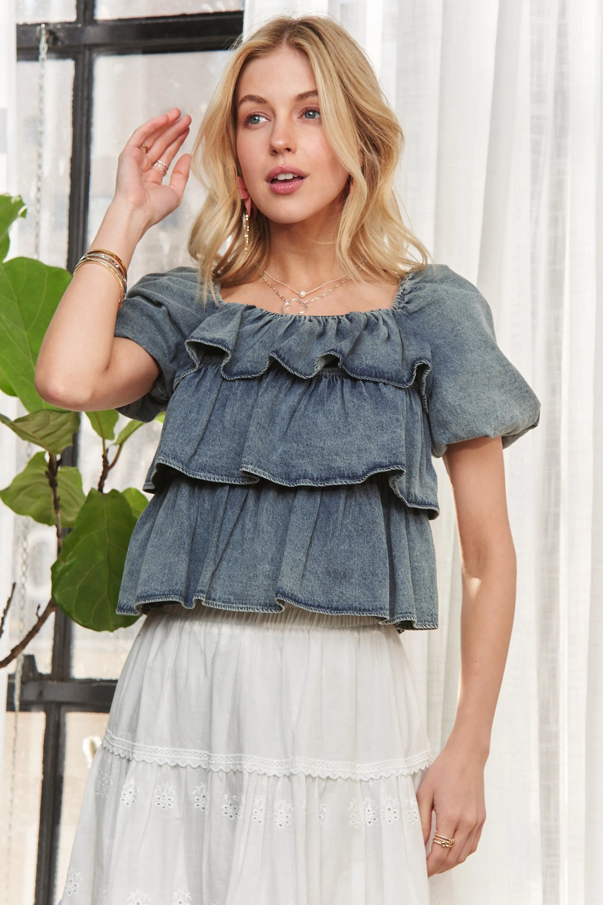 ADORA Washed Denim Layered Ruffle Blouse