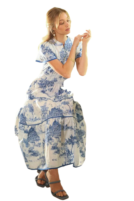 Umgee Landscape Print Short Sleeve Tiered Maxi Dress