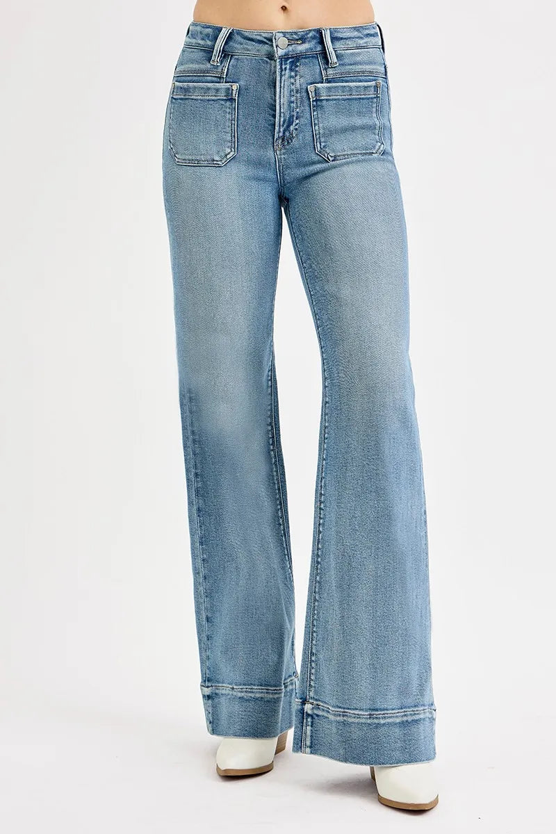 Vintage Flare Jeans – High Waist Patch Pocket Light Wash Denim