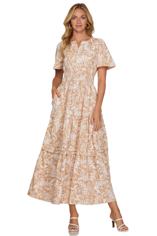 She + Sky Printed Notched Woven Tiered Pintuck Maxi Dress with Side Pockets