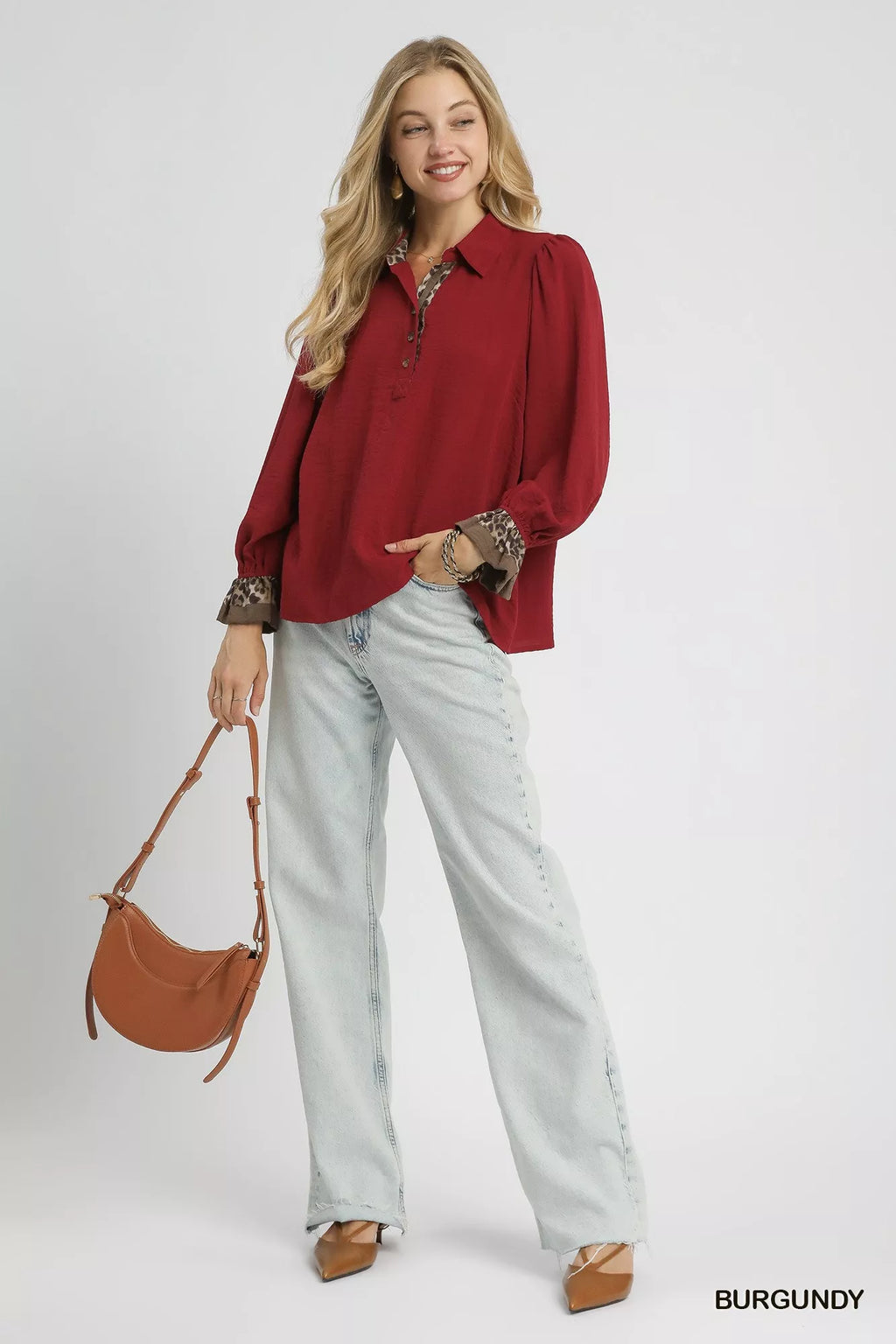 Half Button Blouse with Leopard Print Trim – Trendy Chic Top