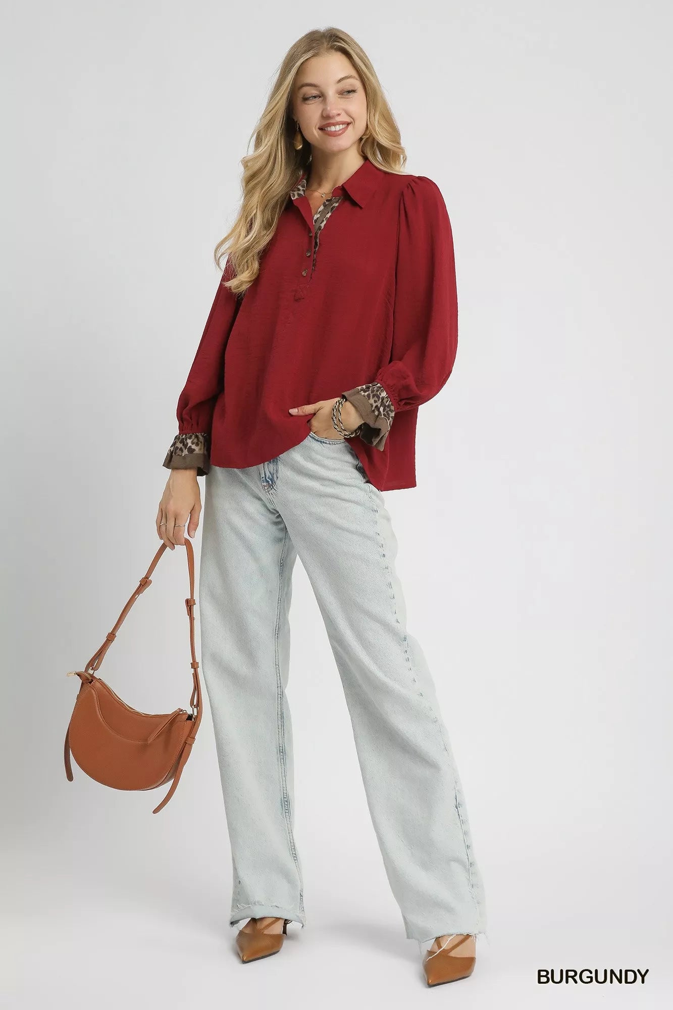 Half Button Blouse with Leopard Print Trim – Trendy Chic Top