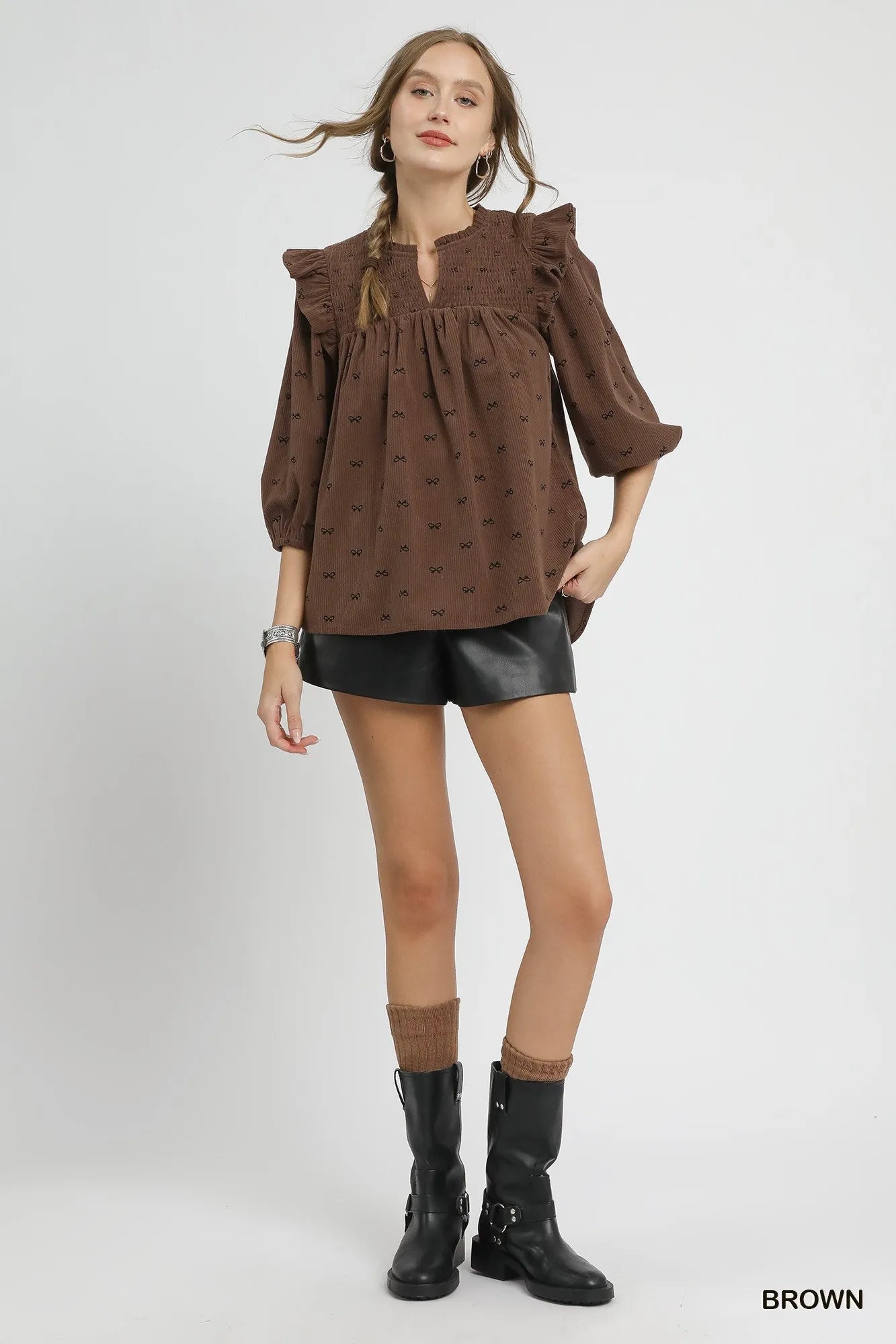 Bow Print Corduroy Puff Sleeve Blouse – Ruffled Feminine Top
