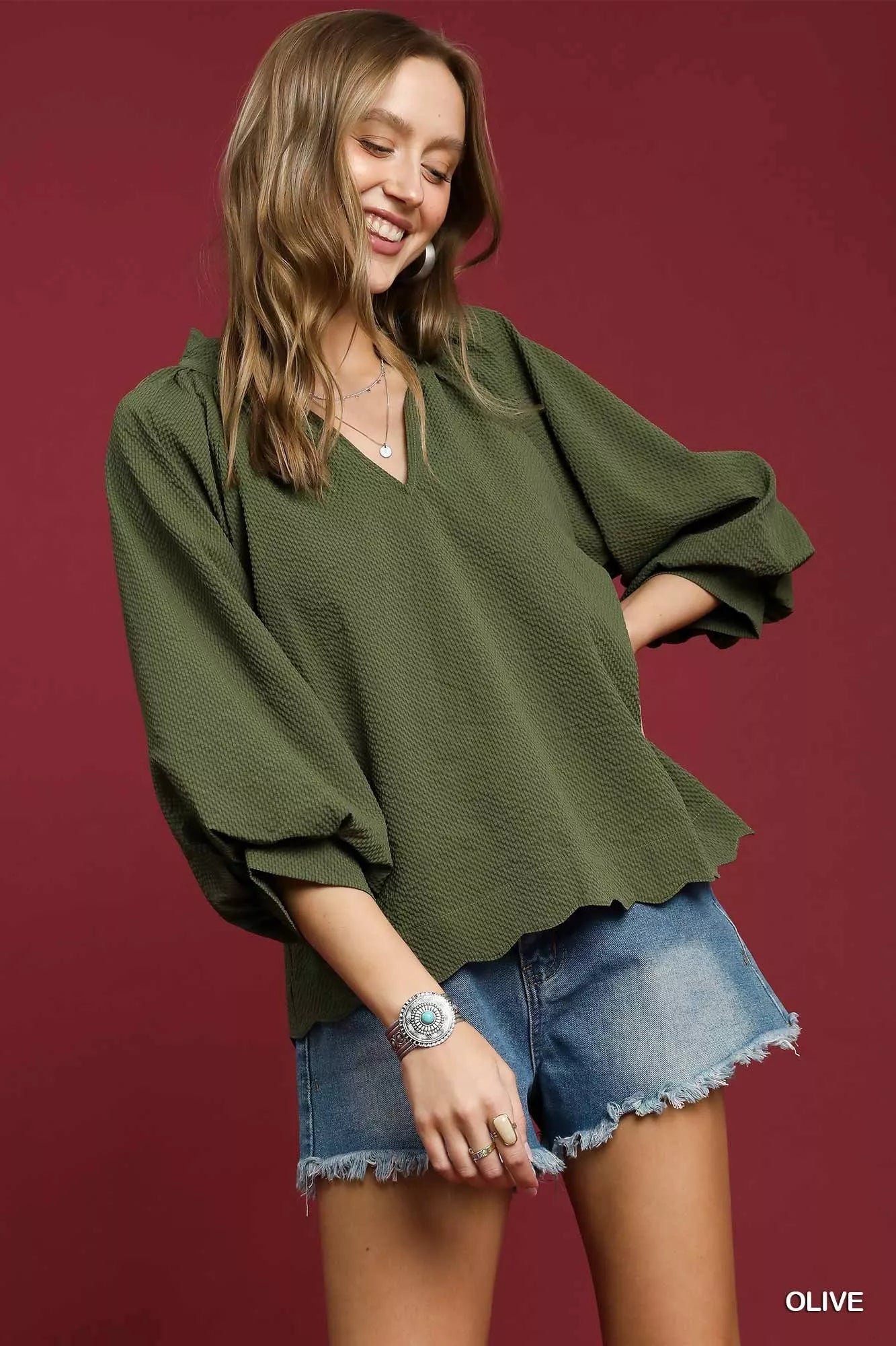 Textured Notched Balloon Sleeve Blouse Plus Size Women’s Top
