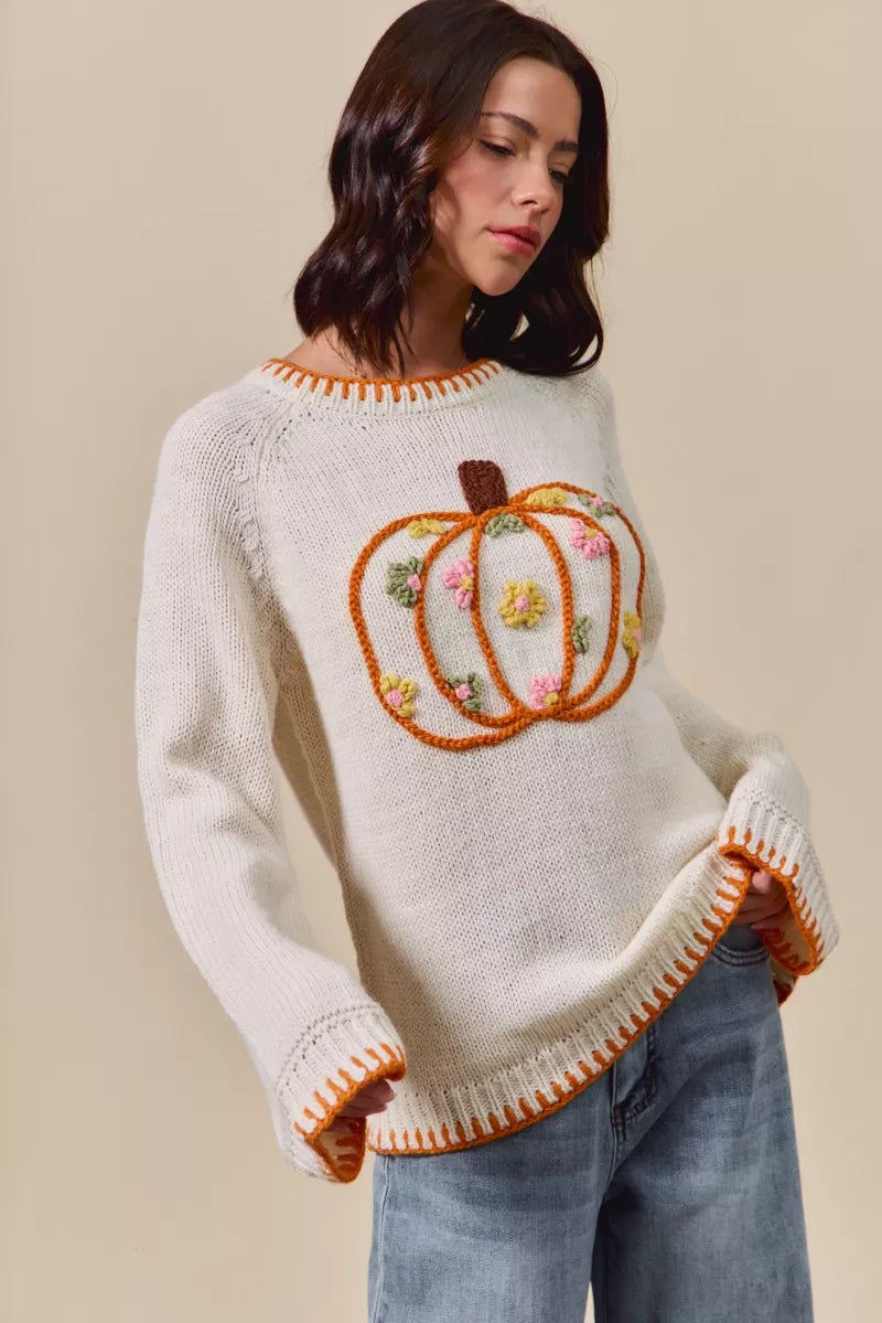 Pumpkin Floral Embroidered Thanksgiving Sweater – Festive Fall Knit