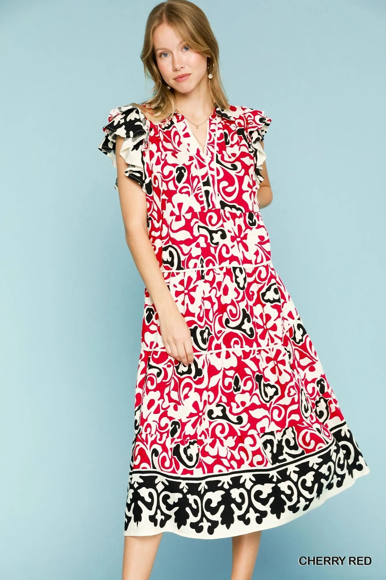 Boho Floral Midi Dress – V-Neck, Ruffle Cap Sleeves & Bold Print