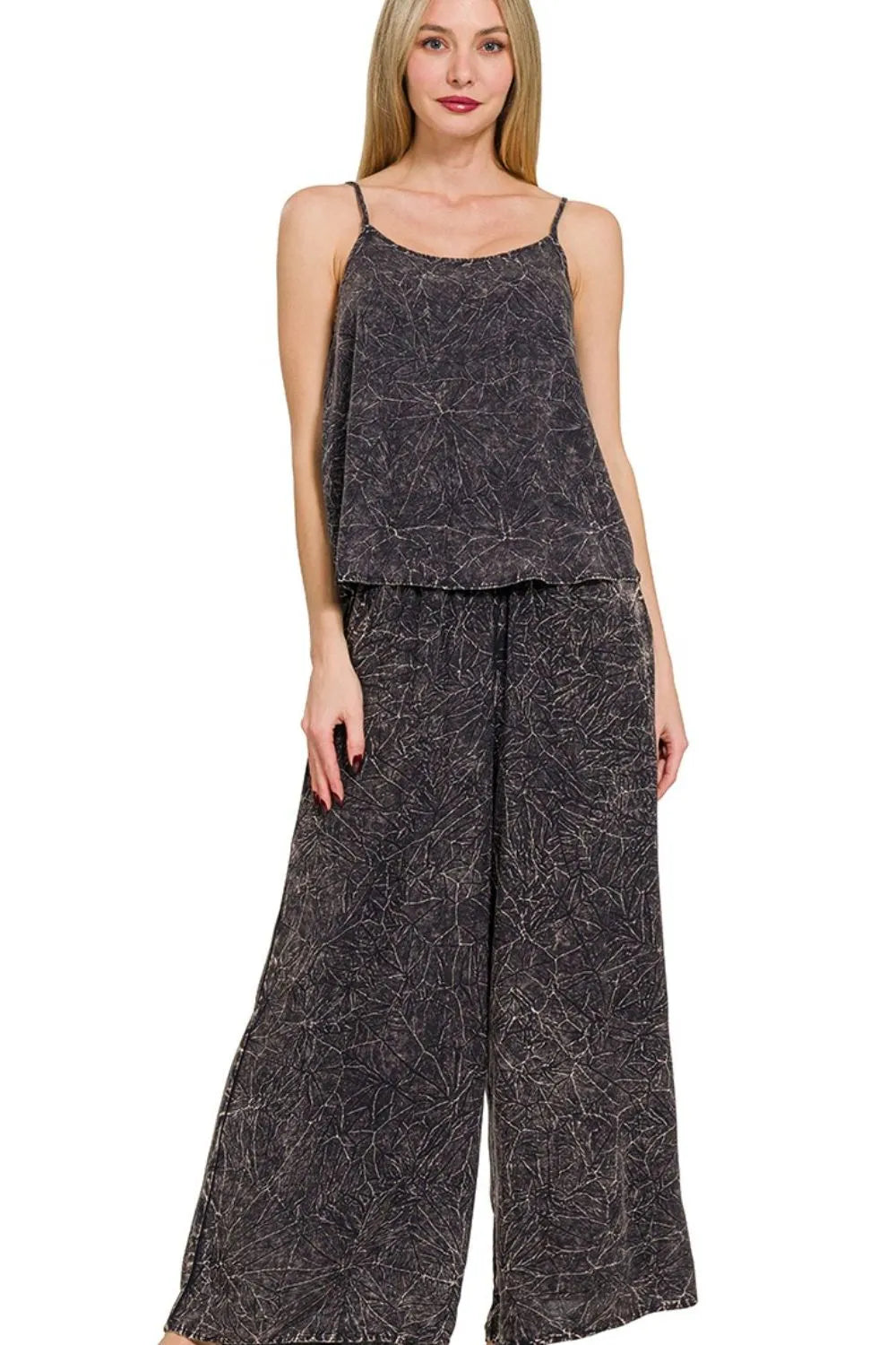 Ash Black Cami & Palazzo Pants Set – Charcoal Abstract Style