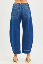 Plus size crop barrel jeans, back view, mid rise waist, two back pockets, cuffed hem