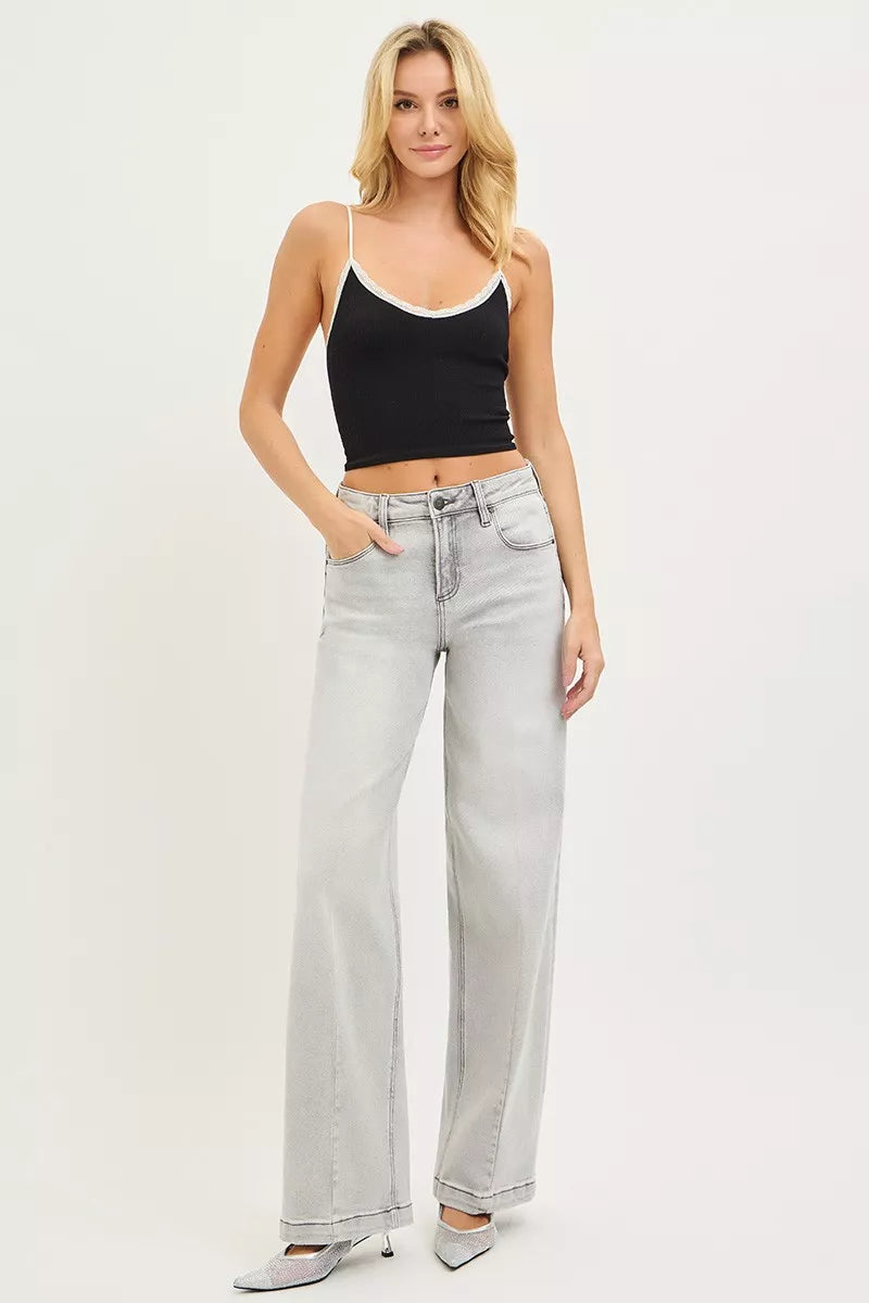 Light grey baggy jeans, relaxed fit, contrast-stitched seams, wide straight legs